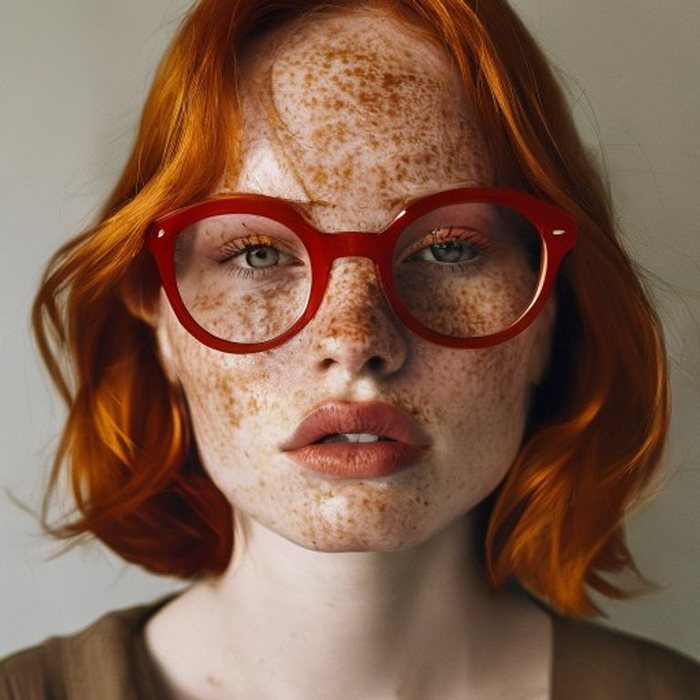 Modelo pelirroja con pecas con anteojos Koi Red de Lensitive